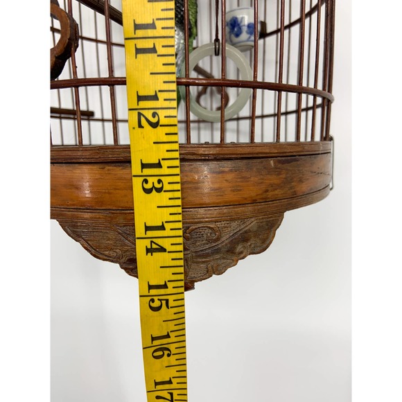 Vintage Hanging Wood Bamboo Bird Cage w/ Bird Ornament - Picture 9 of 12